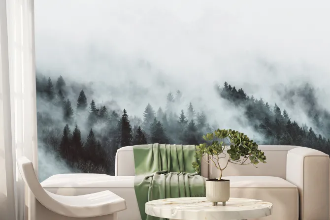 Fototapeta: Nostalgiczny widok lasu we mgle