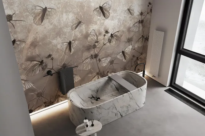 Fototapeta: Nowoczesna abstrakcja motyle i dzikie rośliny polne na teksturowym