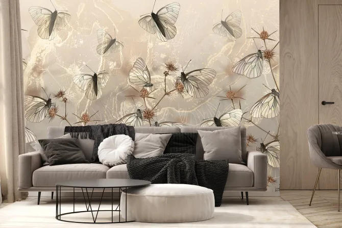 Fototapeta: Nowoczesna abstrakcja motyle i dzikie rośliny polne na teksturowym