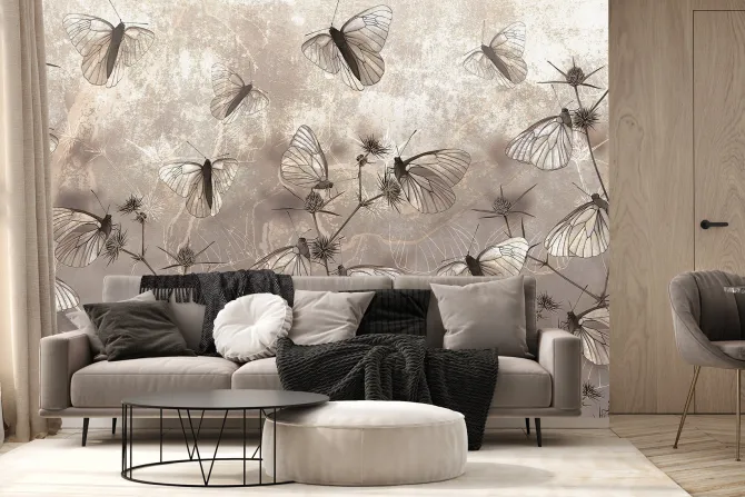 Fototapeta: Nowoczesna abstrakcja motyle i dzikie rośliny polne na teksturowym