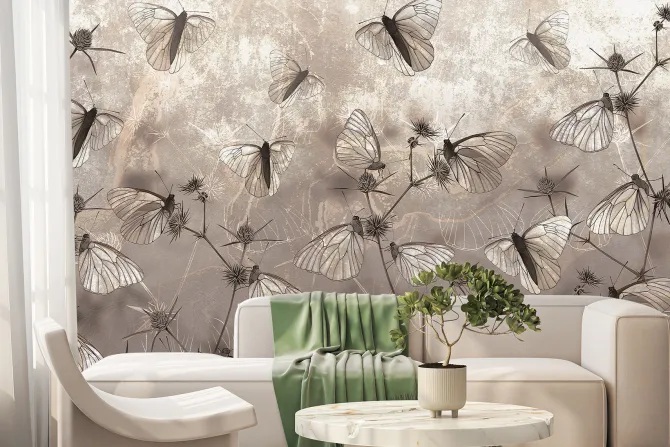 Fototapeta: Nowoczesna abstrakcja motyle i dzikie rośliny polne na teksturowym