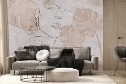 Fototapeta: Nowoczesna abstrakcja kobiecej twarzy z motywem różowych liści