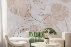 Fototapeta: Nowoczesna abstrakcja kobiecej twarzy z motywem różowych liści