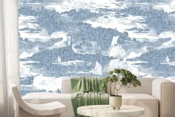 Fototapeta: Nowoczesny pejzaż z sylwetkami latarni i żaglówek