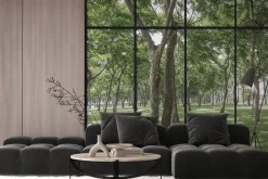 Fototapeta: Nowoczesny salon z widokiem na ogród renderowanie 3d image.there