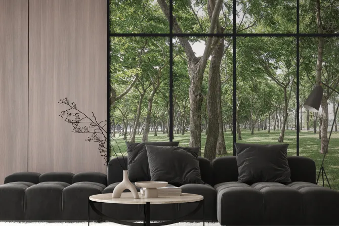 Fototapeta: Nowoczesny salon z widokiem na ogród renderowanie 3d image.there