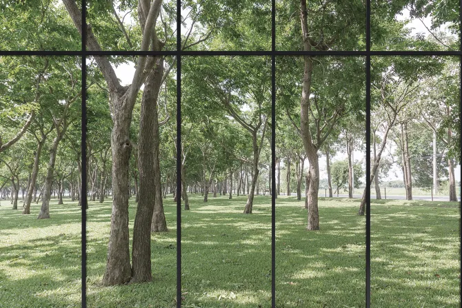 Fototapeta: Nowoczesny salon z widokiem na ogród renderowanie 3d image.there