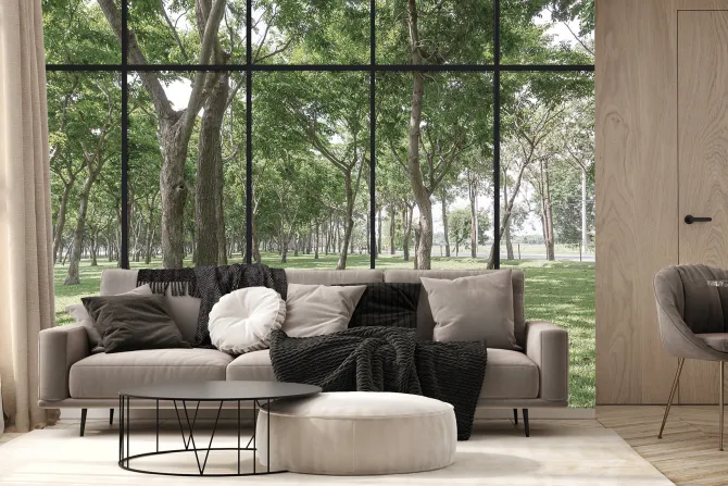 Fototapeta: Nowoczesny salon z widokiem na ogród renderowanie 3d image.there