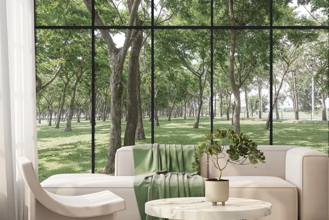 Fototapeta: Nowoczesny salon z widokiem na ogród renderowanie 3d image.there