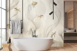 Fototapeta: Nowoczesny wzór ryby i linie na beżowym tle w stylu minimalistycznym