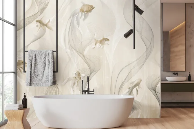 Fototapeta: Nowoczesny wzór ryby i linie na beżowym tle w stylu minimalistycznym