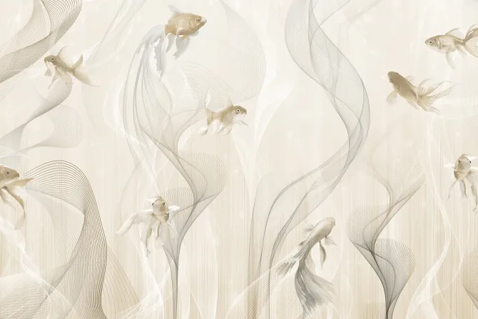 Fototapeta: Nowoczesny wzór ryby i linie na beżowym tle w stylu minimalistycznym