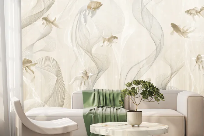 Fototapeta: Nowoczesny wzór ryby i linie na beżowym tle w stylu minimalistycznym