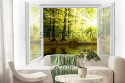 Fototapeta: Okno z widokiem na wodę i las