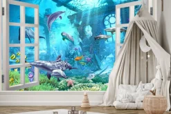 Fototapeta: Okno z widokiem na ryby i rośliny w podwodnym krajobrazie