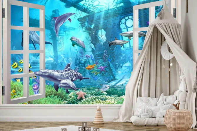 Fototapeta: Okno z widokiem na ryby i rośliny w podwodnym krajobrazie