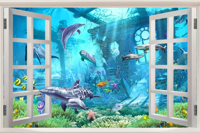 Fototapeta: Okno z widokiem na ryby i rośliny w podwodnym krajobrazie