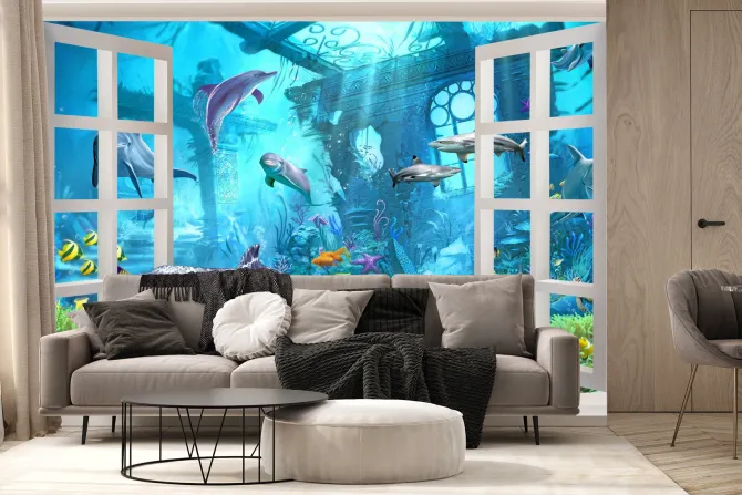 Fototapeta: Okno z widokiem na ryby i rośliny w podwodnym krajobrazie