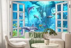 Fototapeta: Okno z widokiem na ryby i rośliny w podwodnym krajobrazie