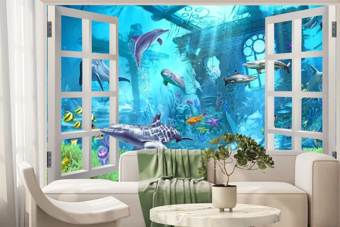 Fototapeta: Okno z widokiem na ryby i rośliny w podwodnym krajobrazie