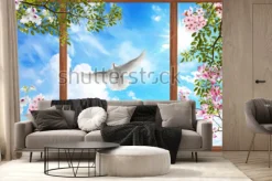 Fototapeta: Okno z widokiem na kwitnące gałązki i białego gołębia