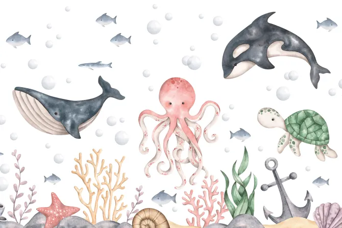 Fototapeta: Ośmiornica z rafami koralowymi w morzu