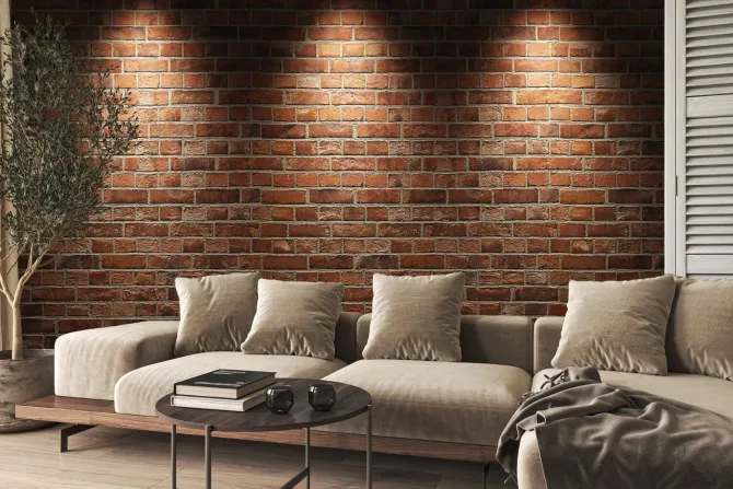 Fototapeta: Oświetlony mur z czerwonej cegły