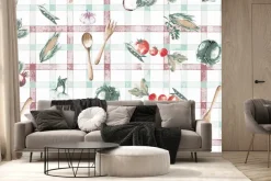 Fototapeta: Owoce i warzywa na tle obrusu w kratkę