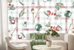 Fototapeta: Owoce i warzywa na tle obrusu w kratkę