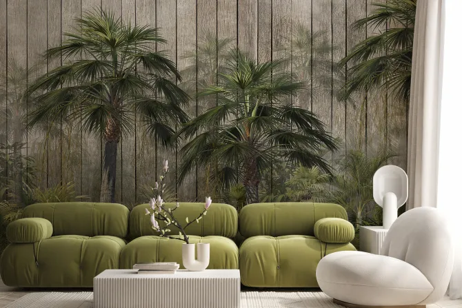 Fototapeta: Palmy i tropikalna zieleń na tle drewnianych desek