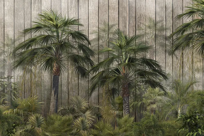 Fototapeta: Palmy i tropikalna zieleń na tle drewnianych desek
