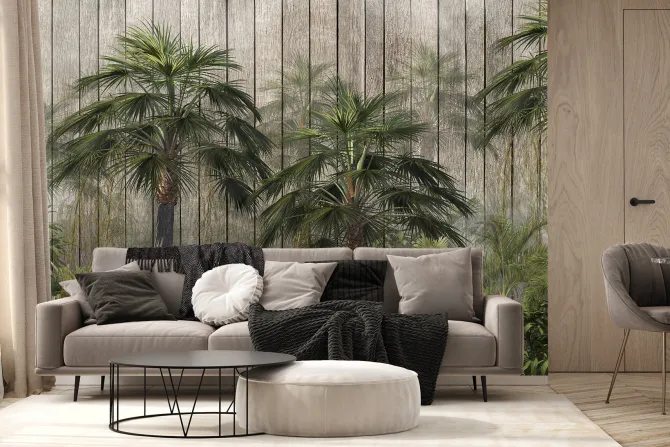Fototapeta: Palmy i tropikalna zieleń na tle drewnianych desek