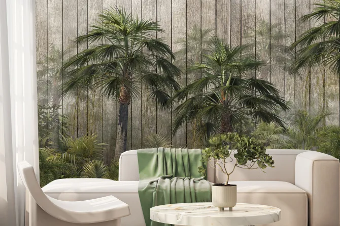 Fototapeta: Palmy i tropikalna zieleń na tle drewnianych desek