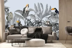 Fototapeta: Palmy papugi małpy i lampart