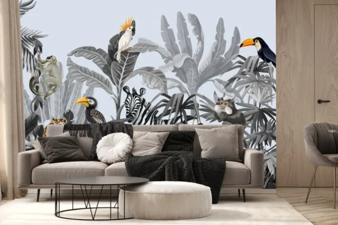 Fototapeta: Palmy papugi małpy i lampart