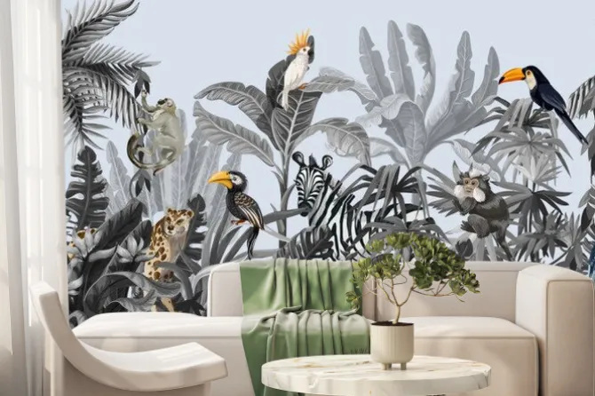 Fototapeta: Palmy papugi małpy i lampart