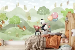 Fototapeta: Panda na rowerze na łące z lisami