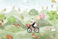 Fototapeta: Panda na rowerze na łące z lisami