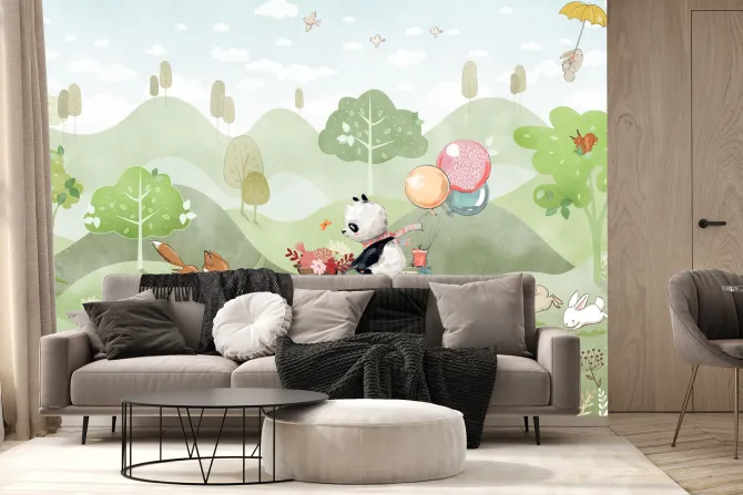 Fototapeta: Panda na rowerze na łące z lisami