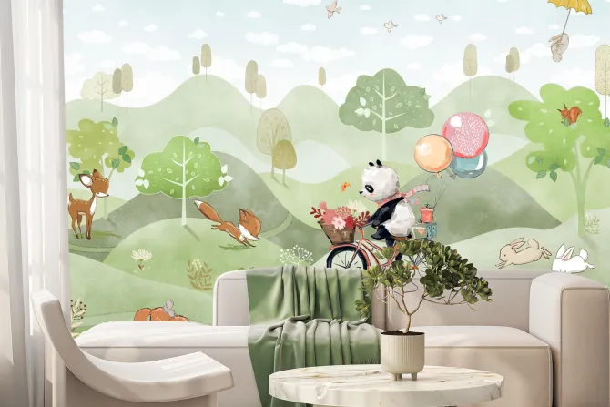 Fototapeta: Panda na rowerze na łące z lisami