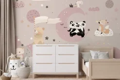 Fototapeta: Pandy siedzące na księżycu i lis na chmurze