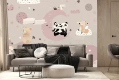 Fototapeta: Pandy siedzące na księżycu i lis na chmurze