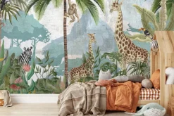 Fototapeta: Panorama dżungli ze zwierzętami na teksturowym tle