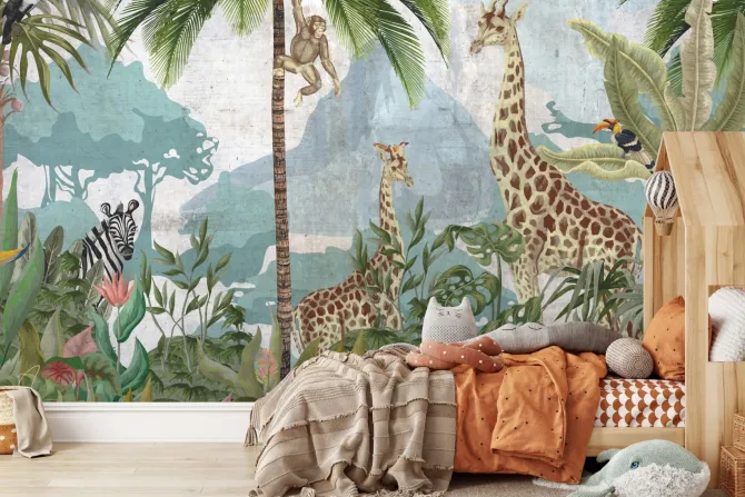 Fototapeta: Panorama dżungli ze zwierzętami na teksturowym tle