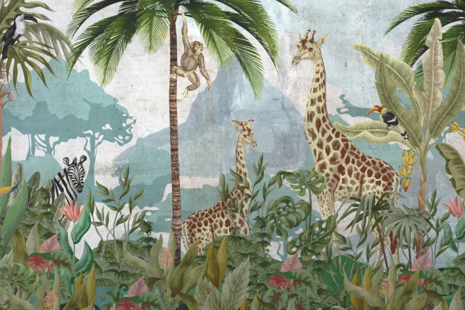 Fototapeta: Panorama dżungli ze zwierzętami na teksturowym tle