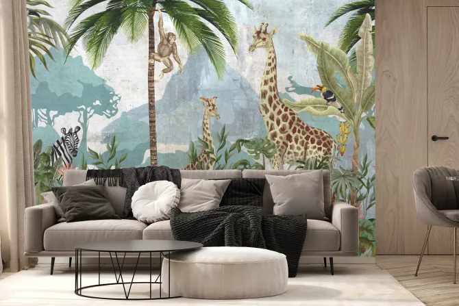 Fototapeta: Panorama dżungli ze zwierzętami na teksturowym tle