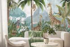 Fototapeta: Panorama dżungli ze zwierzętami na teksturowym tle