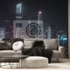 Fototapeta: Panorama miasta z oświetlonymi wieżowcami