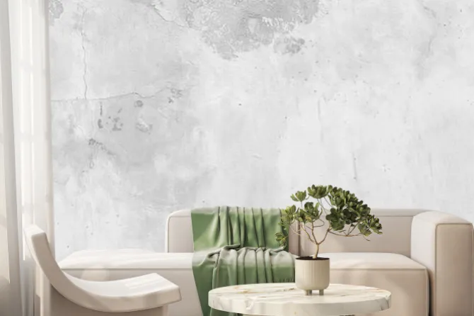 Fototapeta: Panorama of old cement wall painted white, peeling paint texture