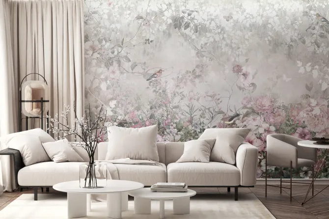 Fototapeta: Pastelowe kwiaty ptaki i motyle